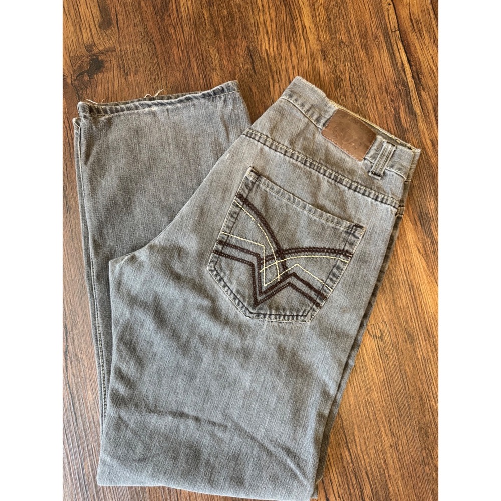 Mens Y2K Gray Straight Leg Embroidered Pocket Distressed Denim Jeans Size 34x30
